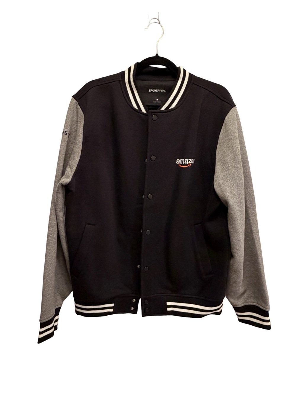Sport-Tek Unisex Black and Gray Amazon Varsity Bomber Jacket Size M